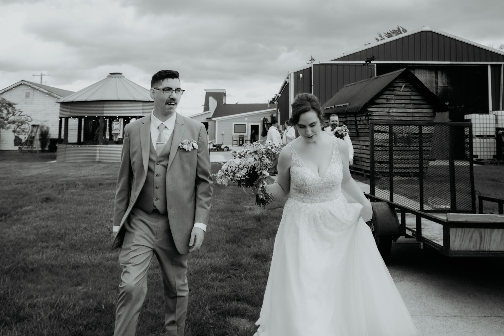 Bride and Groom Walking Together at Michigan Barn Wedding